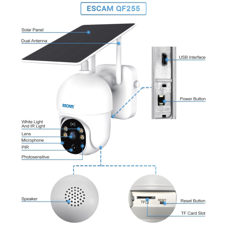กล้องพลังงานแสงอาทิตย์ ESCAM QF255 2.0 ล้านพิกเซล 1080P HD WiFi รองรับเสียงสองทางและการตรวจจับการเคลื่อนไหว PIR และการมองเห็นตอนกลางคืนและการ์ด TF, QF255