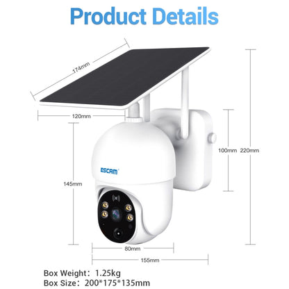 กล้องพลังงานแสงอาทิตย์ ESCAM QF255 2.0 ล้านพิกเซล 1080P HD WiFi รองรับเสียงสองทางและการตรวจจับการเคลื่อนไหว PIR และการมองเห็นตอนกลางคืนและการ์ด TF, QF255