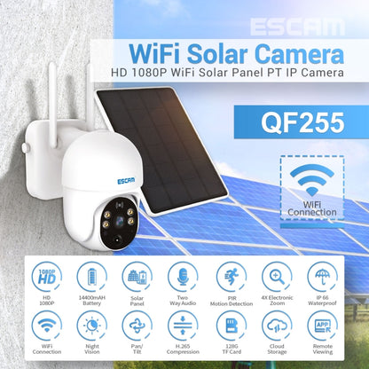 กล้องพลังงานแสงอาทิตย์ ESCAM QF255 2.0 ล้านพิกเซล 1080P HD WiFi รองรับเสียงสองทางและการตรวจจับการเคลื่อนไหว PIR และการมองเห็นตอนกลางคืนและการ์ด TF, QF255