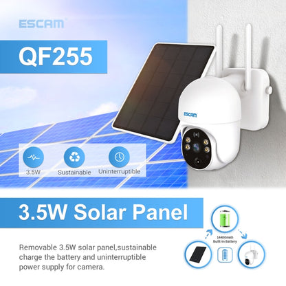 กล้องพลังงานแสงอาทิตย์ ESCAM QF255 2.0 ล้านพิกเซล 1080P HD WiFi รองรับเสียงสองทางและการตรวจจับการเคลื่อนไหว PIR และการมองเห็นตอนกลางคืนและการ์ด TF, QF255