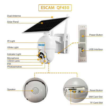 ESCAM QF450 HD 1080P 4G เวอร์ชันสหภาพยุโรป กล้อง IP พลังงานแสงอาทิตย์พร้อมหน่วยความจำ 16G รองรับเสียงสองทาง & การตรวจจับการเคลื่อนไหว PIR & การมองเห็นตอนกลางคืนและการ์ด TF, with 16G Memory