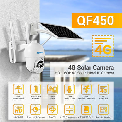 ESCAM QF450 HD 1080P 4G เวอร์ชัน EU พลังงานแสงอาทิตย์ IP กล้อง พร้อมหน่วยความจำ 128G รองรับเสียงสองทาง & การตรวจจับการเคลื่อนไหว PIR & การมองเห็นตอนกลางคืนและการ์ด TF, with 128G Memory