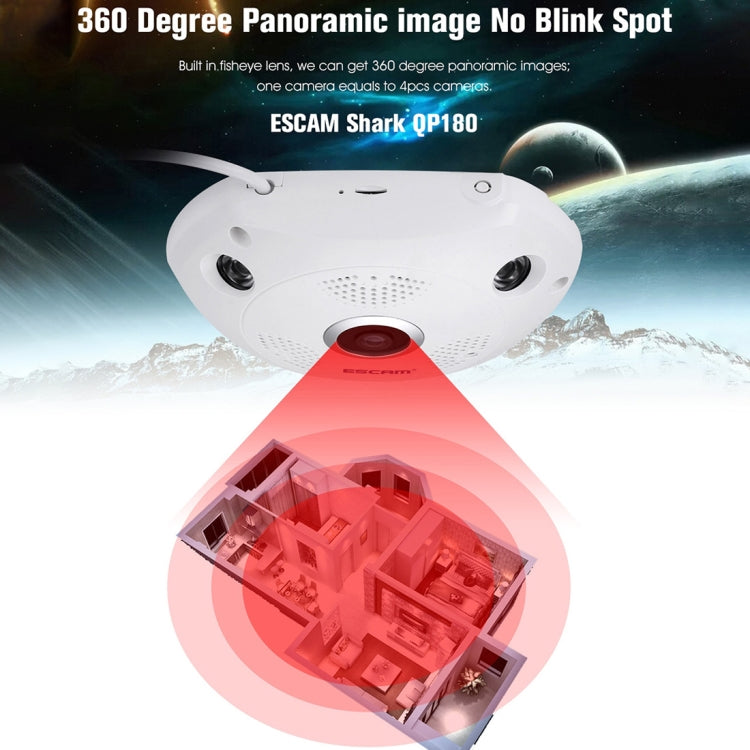 ESCAM Shark QP180 960P เลนส์ Fisheye 360 องศากล้อง IP WiFi 1.3MP รองรับการตรวจจับการเคลื่อนไหว / การมองเห็นตอนกลางคืน, ระยะ IR: 10 ม., QP180