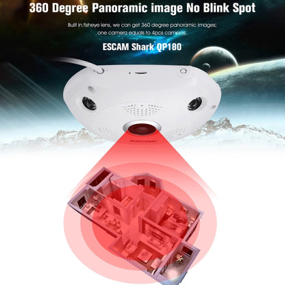 ESCAM Shark QP180 960P เลนส์ Fisheye 360 องศากล้อง IP WiFi 1.3MP รองรับการตรวจจับการเคลื่อนไหว / การมองเห็นตอนกลางคืน, ระยะ IR: 10 ม., QP180
