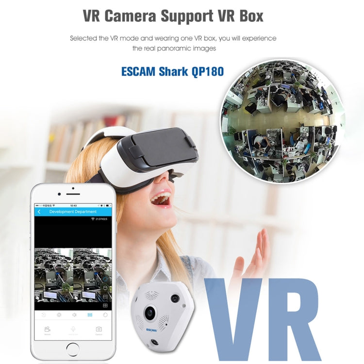 ESCAM Shark QP180 960P เลนส์ Fisheye 360 องศากล้อง IP WiFi 1.3MP รองรับการตรวจจับการเคลื่อนไหว / การมองเห็นตอนกลางคืน, ระยะ IR: 10 ม., QP180