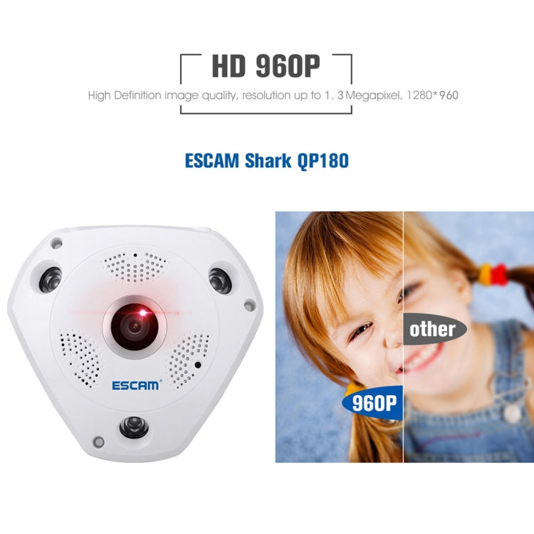 ESCAM Shark QP180 960P เลนส์ Fisheye 360 องศากล้อง IP WiFi 1.3MP รองรับการตรวจจับการเคลื่อนไหว / การมองเห็นตอนกลางคืน, ระยะ IR: 10 ม., QP180