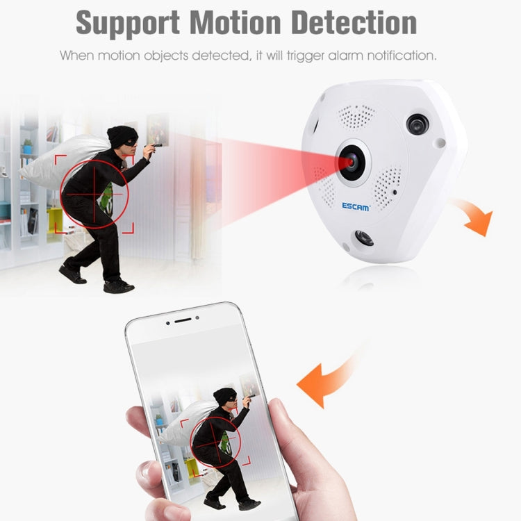 ESCAM Shark QP180 960P เลนส์ Fisheye 360 องศากล้อง IP WiFi 1.3MP รองรับการตรวจจับการเคลื่อนไหว / การมองเห็นตอนกลางคืน, ระยะ IR: 10 ม., QP180
