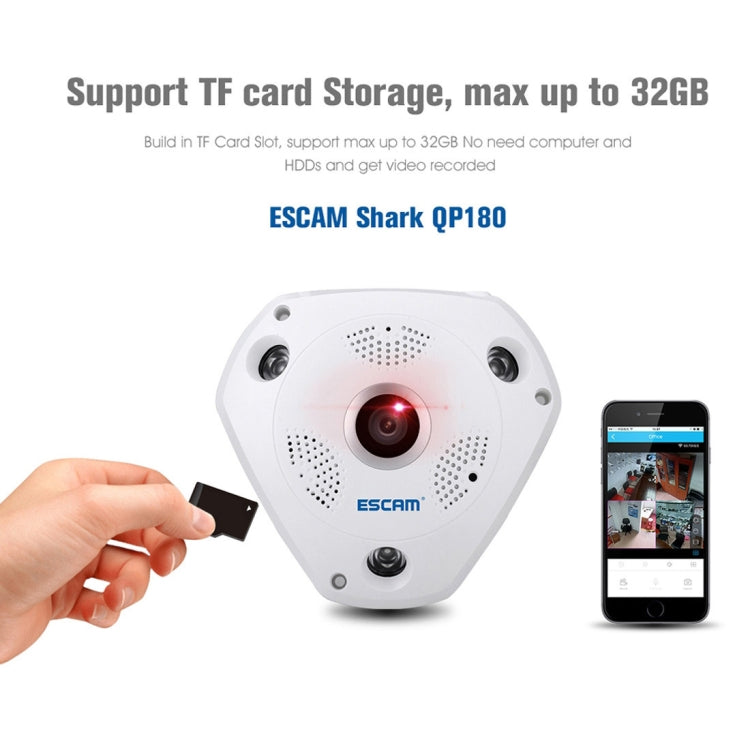 ESCAM Shark QP180 960P เลนส์ Fisheye 360 องศากล้อง IP WiFi 1.3MP รองรับการตรวจจับการเคลื่อนไหว / การมองเห็นตอนกลางคืน, ระยะ IR: 10 ม., QP180