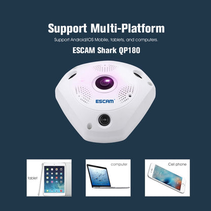 ESCAM Shark QP180 960P เลนส์ Fisheye 360 องศากล้อง IP WiFi 1.3MP รองรับการตรวจจับการเคลื่อนไหว / การมองเห็นตอนกลางคืน, ระยะ IR: 10 ม., QP180
