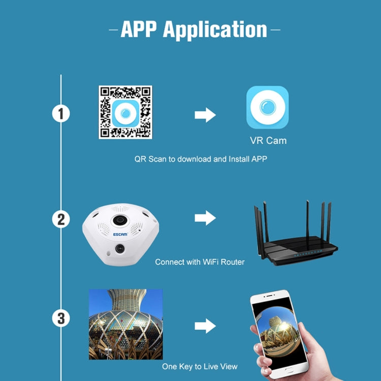 ESCAM Shark QP180 960P เลนส์ Fisheye 360 องศากล้อง IP WiFi 1.3MP รองรับการตรวจจับการเคลื่อนไหว / การมองเห็นตอนกลางคืน, ระยะ IR: 10 ม., QP180