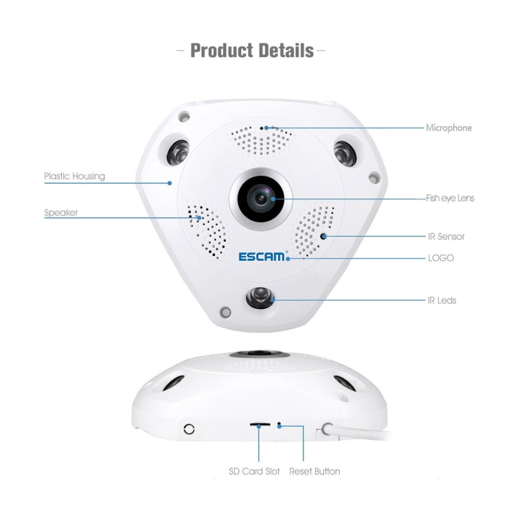 ESCAM Shark QP180 960P เลนส์ Fisheye 360 องศากล้อง IP WiFi 1.3MP รองรับการตรวจจับการเคลื่อนไหว / การมองเห็นตอนกลางคืน, ระยะ IR: 10 ม., QP180