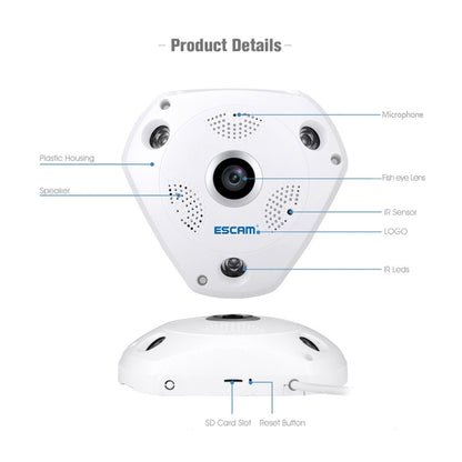 ESCAM Shark QP180 960P เลนส์ Fisheye 360 องศากล้อง IP WiFi 1.3MP รองรับการตรวจจับการเคลื่อนไหว / การมองเห็นตอนกลางคืน, ระยะ IR: 10 ม., QP180