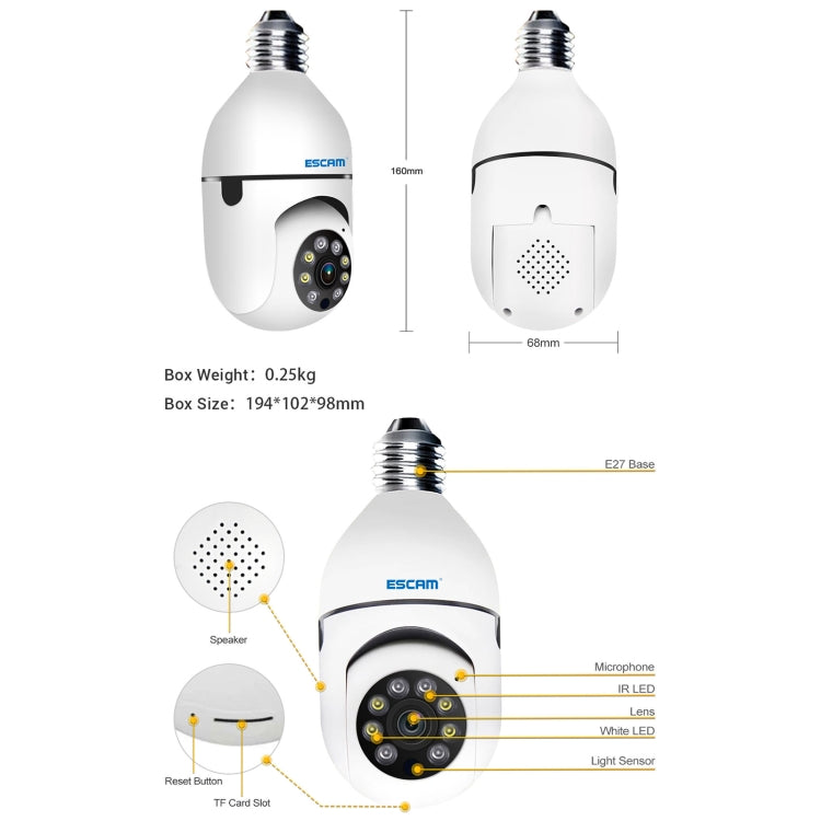 ESCAM PT208 1080P HD กล้องหลอดไฟ WiFi, รองรับการตรวจจับการเคลื่อนไหว, เสียงสองทาง, การมองเห็นตอนกลางคืน, การ์ด TF, ESCAM PT208