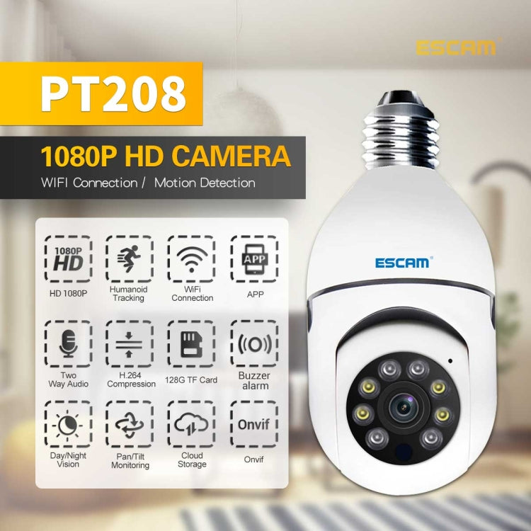 ESCAM PT208 1080P HD กล้องหลอดไฟ WiFi, รองรับการตรวจจับการเคลื่อนไหว, เสียงสองทาง, การมองเห็นตอนกลางคืน, การ์ด TF, ESCAM PT208