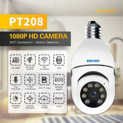 ESCAM PT208 1080P HD กล้องหลอดไฟ WiFi, รองรับการตรวจจับการเคลื่อนไหว, เสียงสองทาง, การมองเห็นตอนกลางคืน, การ์ด TF, ESCAM PT208