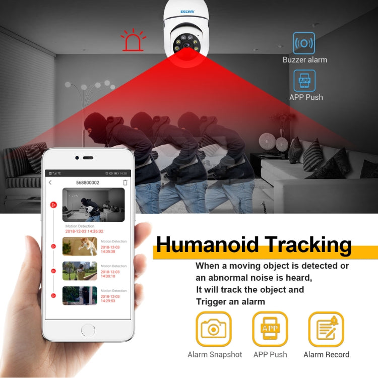 ESCAM PT208 1080P HD กล้องหลอดไฟ WiFi, รองรับการตรวจจับการเคลื่อนไหว, เสียงสองทาง, การมองเห็นตอนกลางคืน, การ์ด TF, ESCAM PT208