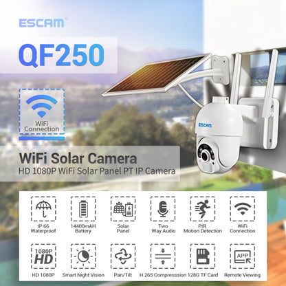 กล้อง IP แผงโซลาร์เซลล์ ESCAM QF250 HD 1080P WiFi รองรับการตรวจจับการเคลื่อนไหว / การมองเห็นตอนกลางคืน / การ์ด TF / เสียงสองทาง, QF250