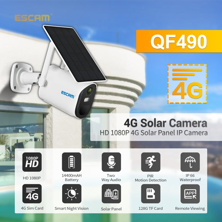 กล้อง IP แผงโซลาร์เซลล์ ESCAM QF490 HD 1080P 4G 3.8W เวอร์ชันสหภาพยุโรป, EU Version