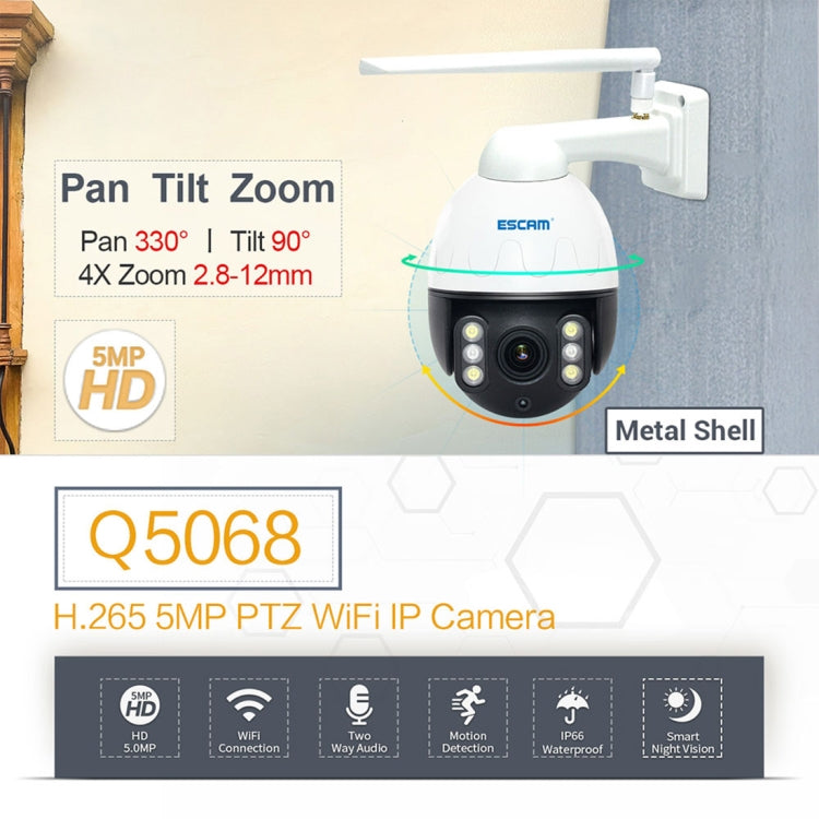 ESCAM Q5068 H.265 5MP Pan / Tilt / 4X ซูม WiFi กล้อง IP กันน้ำ, รองรับ ONVIF Two Way Talk & Night Vision, AU Plug, EU Plug, AU Plug, UK Plug, US Plug