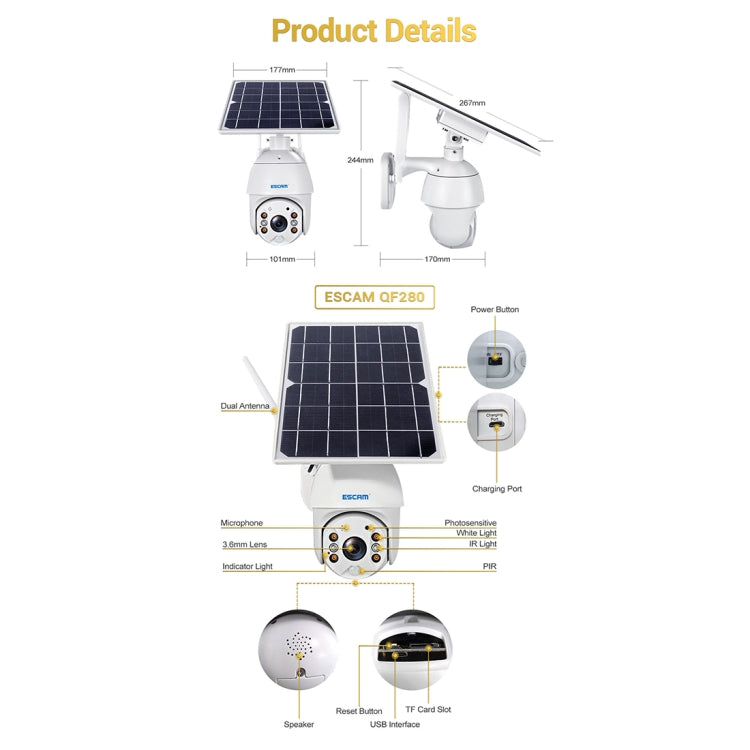 ESCAM QF280 HD 1080P IP66 กันน้ำ WiFi แผงโซลาร์เซลล์ PT กล้อง IP ไม่รวมแบตเตอรี่ รองรับการมองเห็นตอนกลางคืน / การตรวจจับการเคลื่อนไหว / การ์ด TF / เสียงสองทาง, without Battery