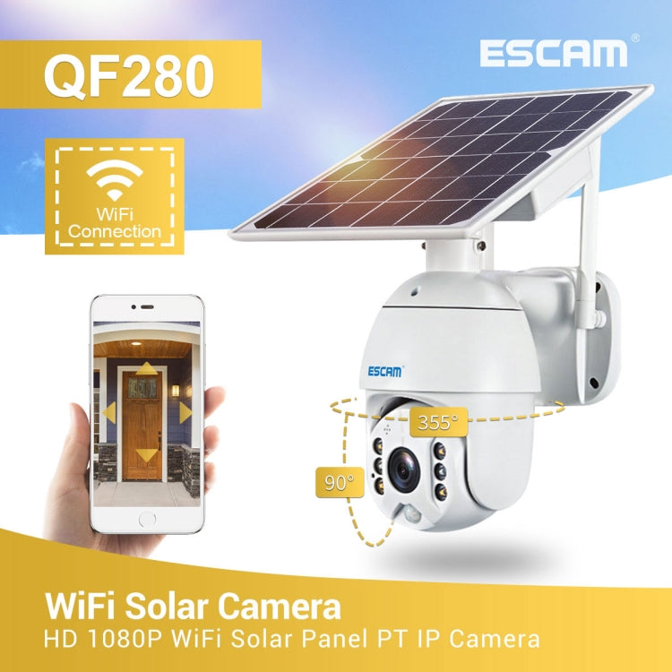 ESCAM QF280 HD 1080P IP66 กันน้ำ WiFi แผงโซลาร์เซลล์ PT กล้อง IP ไม่รวมแบตเตอรี่ รองรับการมองเห็นตอนกลางคืน / การตรวจจับการเคลื่อนไหว / การ์ด TF / เสียงสองทาง, without Battery
