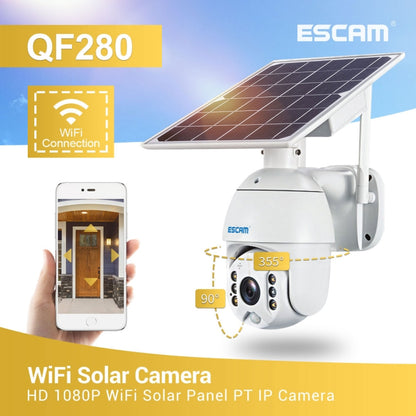 ESCAM QF280 HD 1080P IP66 กันน้ำ WiFi แผงโซลาร์เซลล์ PT กล้อง IP ไม่รวมแบตเตอรี่ รองรับการมองเห็นตอนกลางคืน / การตรวจจับการเคลื่อนไหว / การ์ด TF / เสียงสองทาง, without Battery