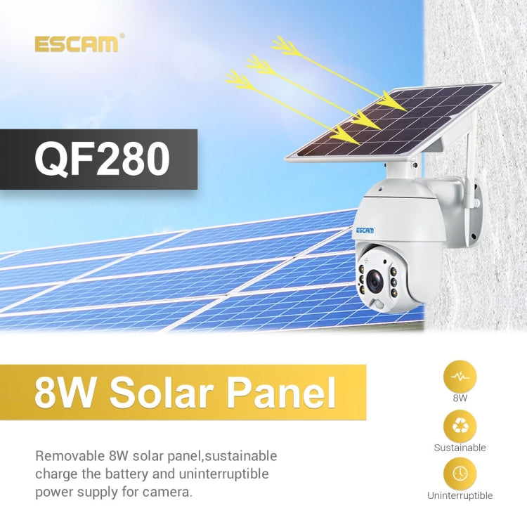 ESCAM QF280 HD 1080P IP66 กันน้ำ WiFi แผงโซลาร์เซลล์ PT กล้อง IP ไม่รวมแบตเตอรี่ รองรับการมองเห็นตอนกลางคืน / การตรวจจับการเคลื่อนไหว / การ์ด TF / เสียงสองทาง, without Battery
