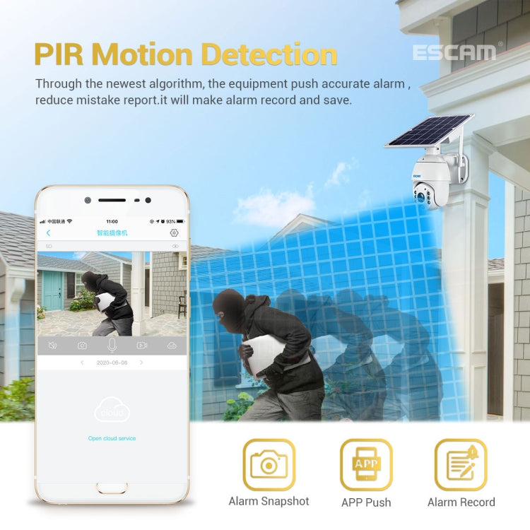 ESCAM QF280 HD 1080P IP66 กันน้ำ WiFi แผงโซลาร์เซลล์ PT กล้อง IP ไม่รวมแบตเตอรี่ รองรับการมองเห็นตอนกลางคืน / การตรวจจับการเคลื่อนไหว / การ์ด TF / เสียงสองทาง, without Battery