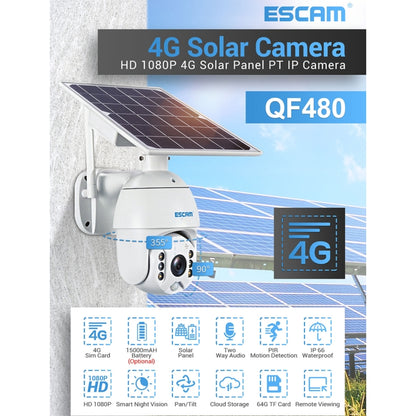 ESCAM QF480 รุ่น EU HD 1080P IP66 กันน้ำ 4G แผงเซลล์แสงอาทิตย์ PT กล้อง IP ไม่รวมแบตเตอรี่ รองรับการมองเห็นตอนกลางคืน / การตรวจจับการเคลื่อนไหว / การ์ด TF / เสียงสองทาง, without Battery(EU Version)