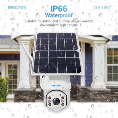 ESCAM QF480 รุ่น EU HD 1080P IP66 กันน้ำ 4G แผงโซลาร์เซลล์ PT กล้อง IP พร้อมแบตเตอรี่ รองรับการมองเห็นตอนกลางคืน / การตรวจจับการเคลื่อนไหว / การ์ด TF / เสียงสองทาง, with Battery(EU Version)
