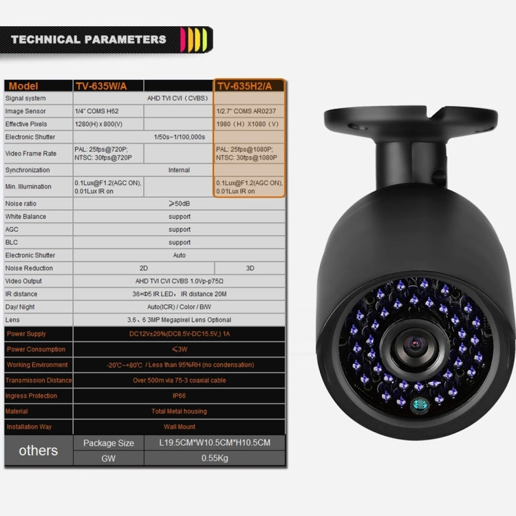 TV-635H2/A กล้อง IP66 กันน้ำ 1920x1080P AHD, เลนส์เซ็นเซอร์ CMOS 2MP ขนาด 1 / 2.7 นิ้ว, การตรวจจับความเคลื่อนไหว, การมองเห็นกลางคืน IR 20 ม., ใบรับรอง CE และ RoHS, TV-635H2/A
