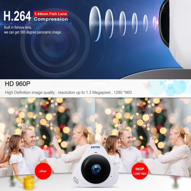 ESCAM Q8 960P 360 องศาเลนส์ Fisheye 1.3MP WiFi กล้อง IP, รองรับการตรวจจับการเคลื่อนไหว / Night Vision, ระยะ IR: 5-10m, ปลั๊ก AU, Q8 US Plug, Q8  AU Plug, Q8 EU Plug, Q8 UK Plug