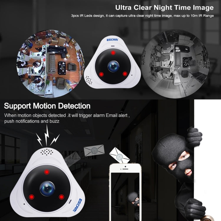 ESCAM Q8 960P 360 องศาเลนส์ Fisheye 1.3MP WiFi กล้อง IP, รองรับการตรวจจับการเคลื่อนไหว / Night Vision, ระยะ IR: 5-10m, ปลั๊ก AU, Q8 US Plug, Q8  AU Plug, Q8 EU Plug, Q8 UK Plug