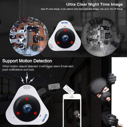 ESCAM Q8 960P 360 องศาเลนส์ Fisheye 1.3MP WiFi กล้อง IP, รองรับการตรวจจับการเคลื่อนไหว / Night Vision, ระยะ IR: 5-10m, ปลั๊ก AU, Q8 US Plug, Q8  AU Plug, Q8 EU Plug, Q8 UK Plug