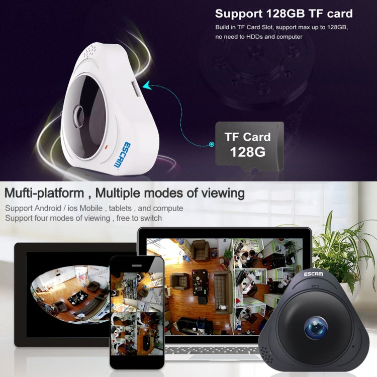 ESCAM Q8 960P 360 องศาเลนส์ Fisheye 1.3MP WiFi กล้อง IP, รองรับการตรวจจับการเคลื่อนไหว / Night Vision, ระยะ IR: 5-10m, ปลั๊ก AU, Q8 US Plug, Q8  AU Plug, Q8 EU Plug, Q8 UK Plug