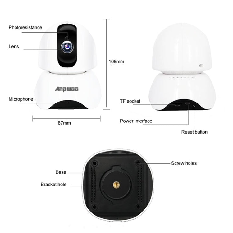Anpwoo-YT003 2.0 Mega 3.6 มม. เลนส์มุมกว้าง 1080P กล้องสมาร์ท WIFI Monitor, รองรับ Night Vision และที่เก็บข้อมูลการขยายการ์ด TF, ปลั๊ก EU, YT003