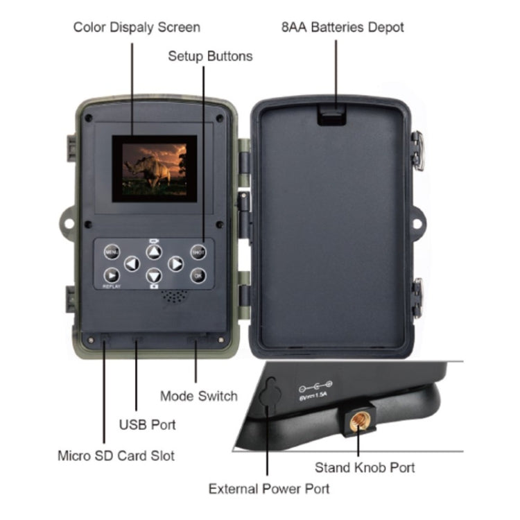 HC801A 8MP กันน้ำ IP65 IR Night Vision Security กล้องล่าสัตว์ Trail, Novatek 96650 โปรแกรม, มุมกว้าง 120 องศา, 110 องศา PIR Sensing Angle, HC801A