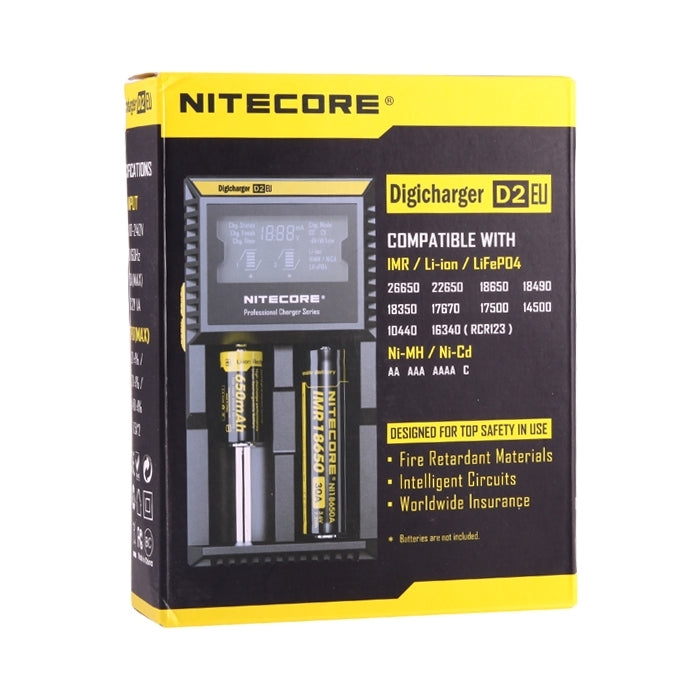 Nitecore D2 เครื่องชาร์จอัจฉริยะ Digi Smart พร้อมไฟ LED สำหรับแบตเตอรี่ 14500, 16340 (RCR123), 18650, 22650, 26650, Ni-MH และ Ni-Cd (AA, AAA), D2