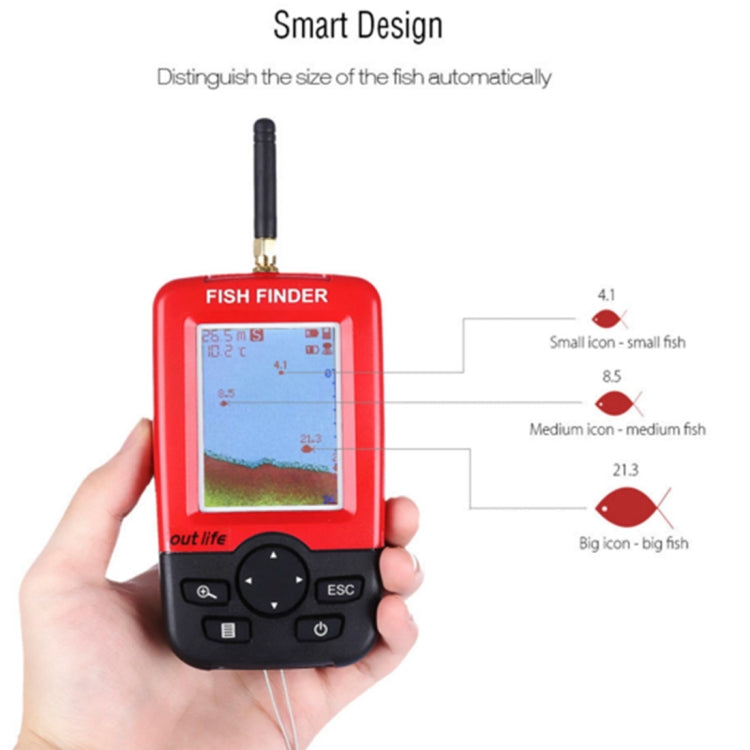 XJ-01 เครื่องตรวจจับปลาไร้สาย 125KHz เซ็นเซอร์โซนาร์ 0.6-36m เครื่องระบุความลึกเครื่องค้นหาปลาพร้อมหน้าจอ LCD ขนาด 2.4 นิ้วและเสาอากาศเซ็นเซอร์อุณหภูมิน้ำในตัว, XJ-01