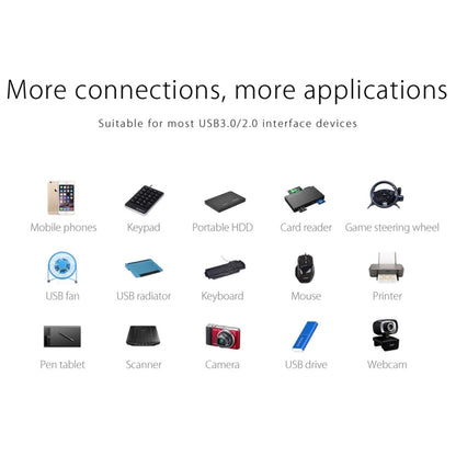 ORICO W5P-U3-30 4 พอร์ต USB 3.0 ฮับเดสก์ท็อปพร้อมแหล่งจ่ายไฟสาย Micro USB ขนาด 30 ซม, W5P-U3-30 Black