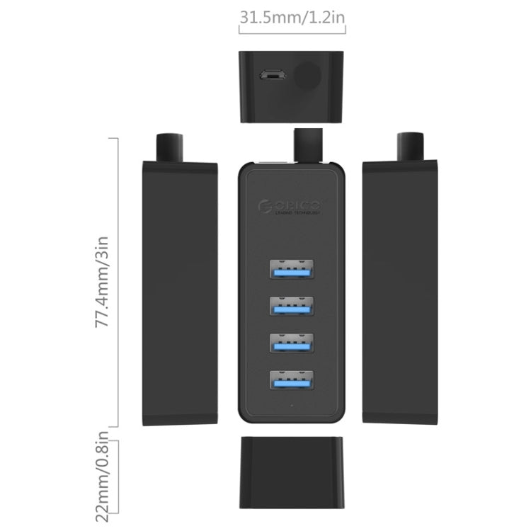 ORICO W5P-U3-30 4 พอร์ต USB 3.0 ฮับเดสก์ท็อปพร้อมแหล่งจ่ายไฟสาย Micro USB ขนาด 30 ซม, W5P-U3-30 Black