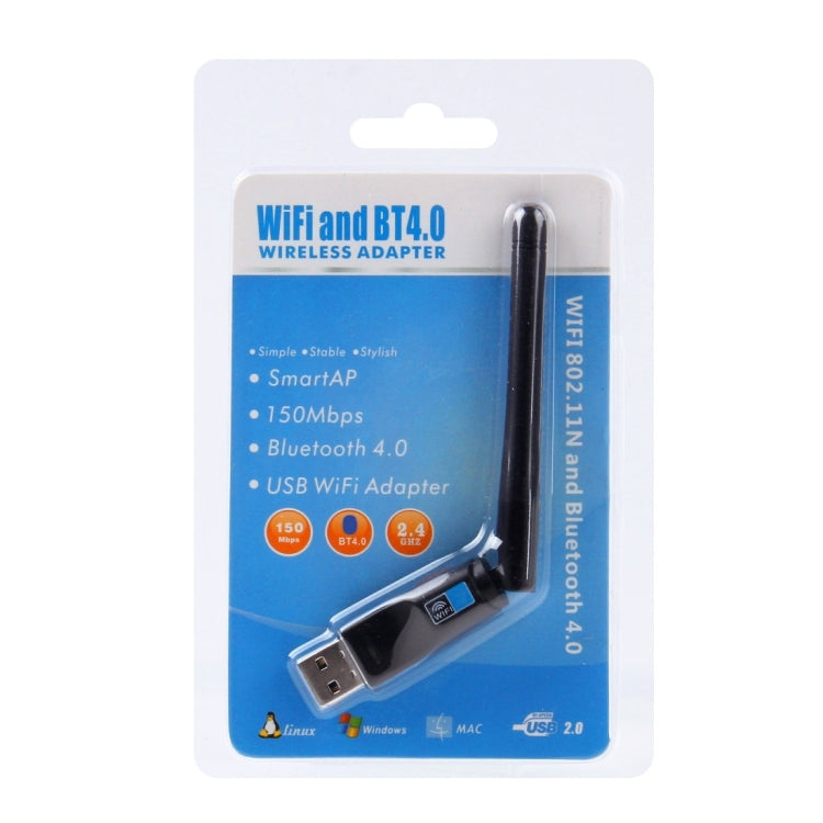 2 in 1 Bluetooth 4.0 + 150Mbps 2.4GHz USB WiFi อะแดปเตอร์ไร้สายพร้อมเสาอากาศภายนอก 2D1