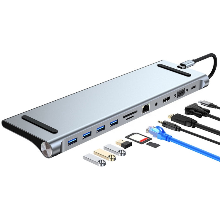 AD-059 11 in 1 USB-C / Type-C ถึง 4K HDMI + VGA + ช่องเสียบการ์ด SD / TF + Gigabit Ethernet + 3.5 มม. AUX + USB-C / Type-C + 4 USB 3.0 สถานีเชื่อมต่อมัลติฟังก์ชั่น HUB, 11 in 1