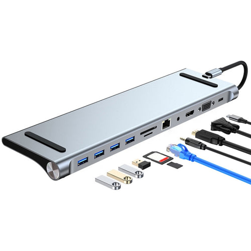 AD-059 11 in 1 USB-C / Type-C ถึง 4K HDMI + VGA + ช่องเสียบการ์ด SD / TF + Gigabit Ethernet + 3.5 มม. AUX + USB-C / Type-C + 4 USB 3.0 สถานีเชื่อมต่อมัลติฟังก์ชั่น HUB, 11 in 1