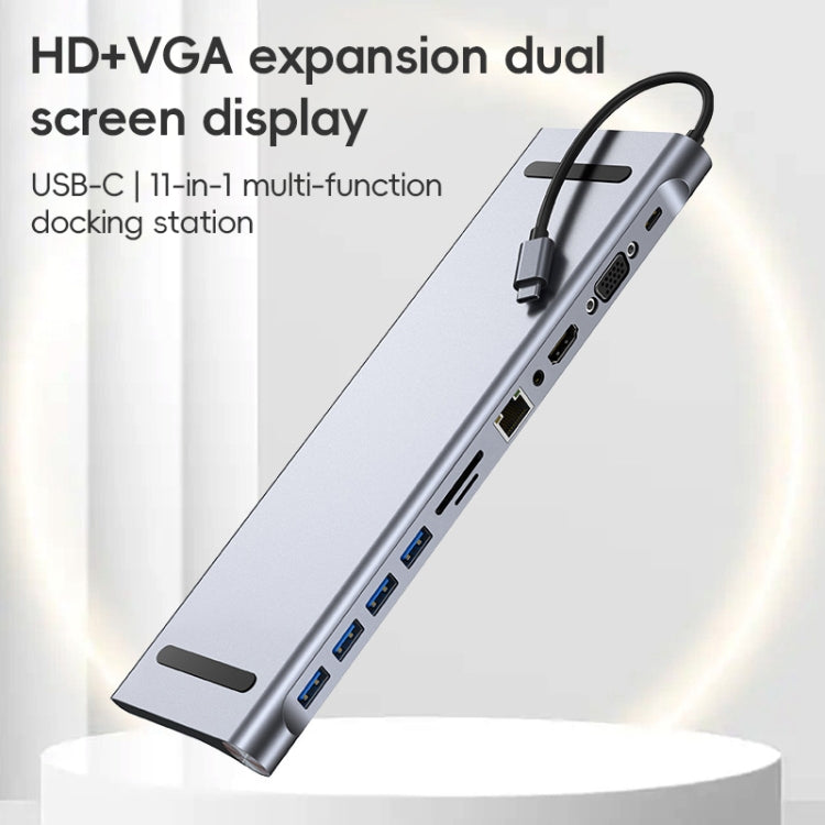 AD-059 11 in 1 USB-C / Type-C ถึง 4K HDMI + VGA + ช่องเสียบการ์ด SD / TF + Gigabit Ethernet + 3.5 มม. AUX + USB-C / Type-C + 4 USB 3.0 สถานีเชื่อมต่อมัลติฟังก์ชั่น HUB, 11 in 1