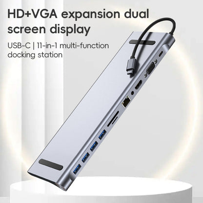 AD-059 11 in 1 USB-C / Type-C ถึง 4K HDMI + VGA + ช่องเสียบการ์ด SD / TF + Gigabit Ethernet + 3.5 มม. AUX + USB-C / Type-C + 4 USB 3.0 สถานีเชื่อมต่อมัลติฟังก์ชั่น HUB, 11 in 1