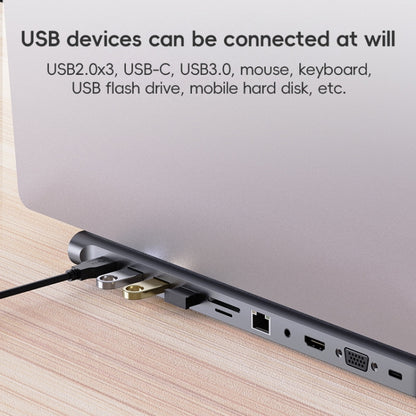 AD-059 11 in 1 USB-C / Type-C ถึง 4K HDMI + VGA + ช่องเสียบการ์ด SD / TF + Gigabit Ethernet + 3.5 มม. AUX + USB-C / Type-C + 4 USB 3.0 สถานีเชื่อมต่อมัลติฟังก์ชั่น HUB, 11 in 1