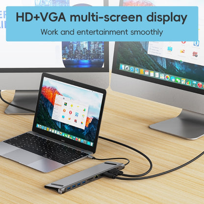 AD-059 11 in 1 USB-C / Type-C ถึง 4K HDMI + VGA + ช่องเสียบการ์ด SD / TF + Gigabit Ethernet + 3.5 มม. AUX + USB-C / Type-C + 4 USB 3.0 สถานีเชื่อมต่อมัลติฟังก์ชั่น HUB, 11 in 1