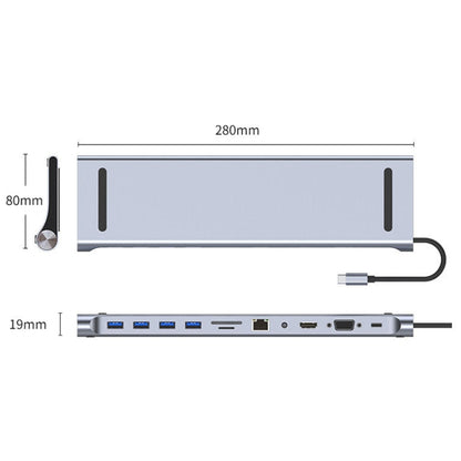 AD-059 11 in 1 USB-C / Type-C ถึง 4K HDMI + VGA + ช่องเสียบการ์ด SD / TF + Gigabit Ethernet + 3.5 มม. AUX + USB-C / Type-C + 4 USB 3.0 สถานีเชื่อมต่อมัลติฟังก์ชั่น HUB, 11 in 1