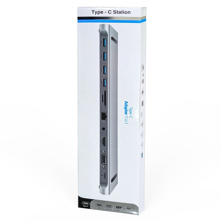 AD-059 11 in 1 USB-C / Type-C ถึง 4K HDMI + VGA + ช่องเสียบการ์ด SD / TF + Gigabit Ethernet + 3.5 มม. AUX + USB-C / Type-C + 4 USB 3.0 สถานีเชื่อมต่อมัลติฟังก์ชั่น HUB, 11 in 1